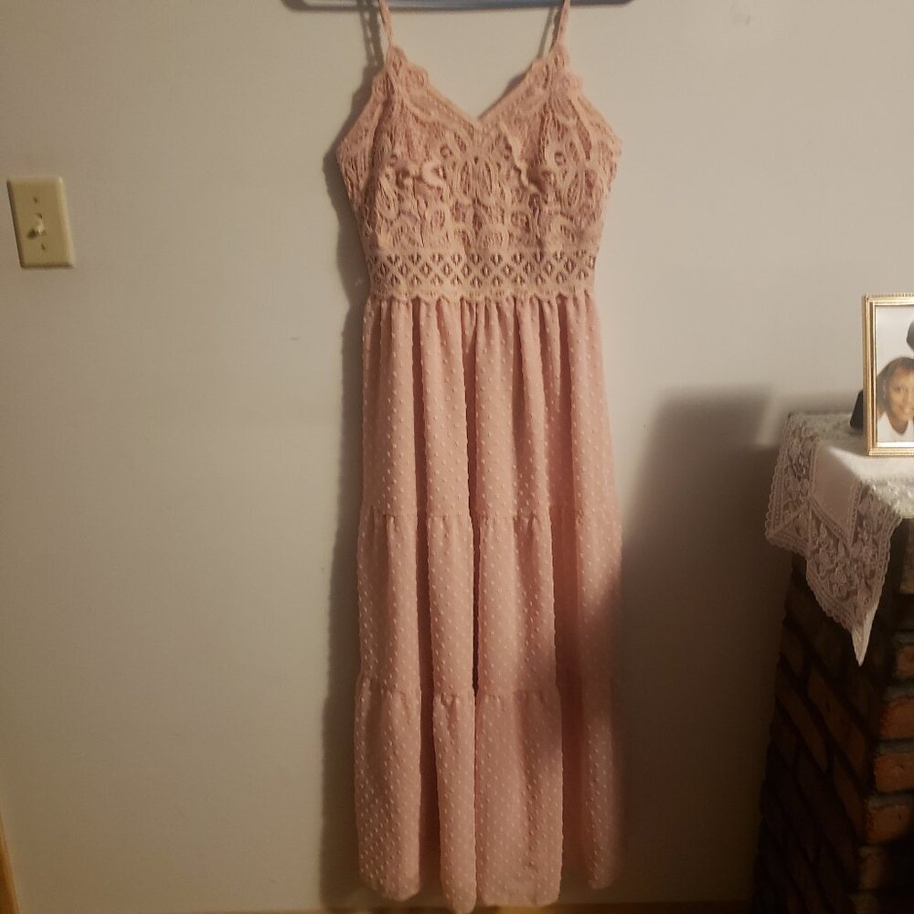 NWT Airy Pink Dokuritu Sundress Intricate Lace Bodice Ruffle Hem Size S